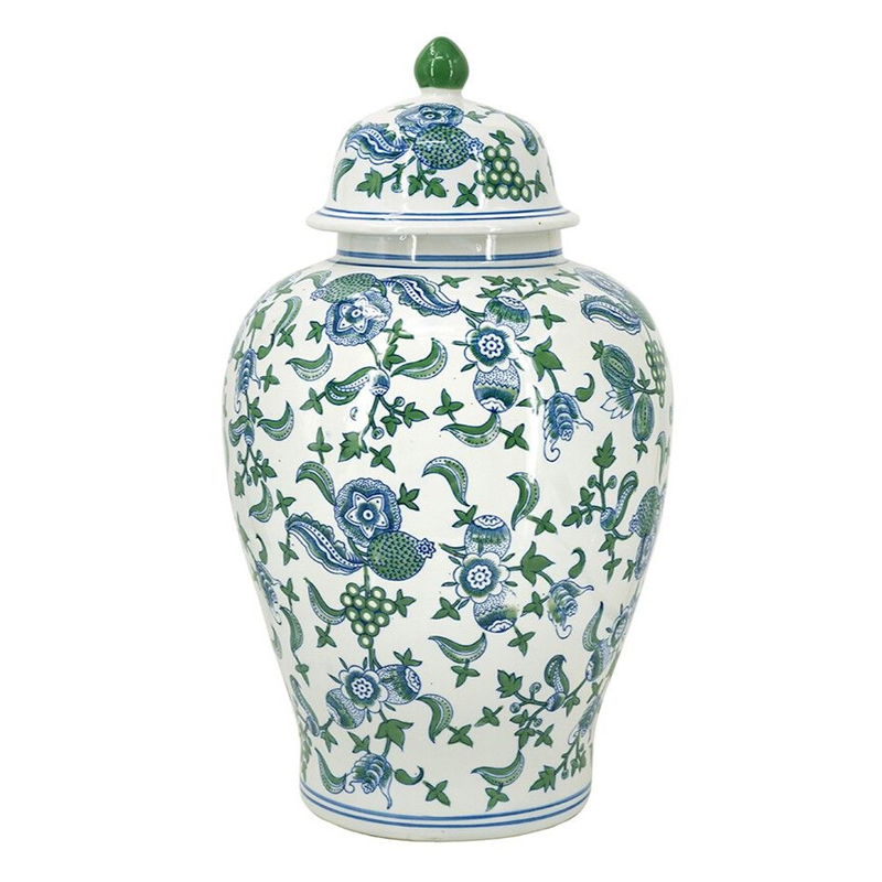 Ваза с крышкой и зелено-голубым цветочным узором на белом фоне Blue & White Ornament Белый Синий Ваза с крышкой и зелено-голубым цветочным узором на белом фоне Blue & White Ornament Белый Синий в Казани | Loft Concept