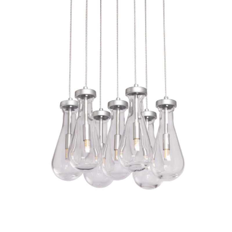 Люстра с 7-ю прозрачными плафонами из стекла в форме капли на круглом потолочном основании цвета хром Lucid Rain  Серебряный Прозрачный в Казани | Loft Concept 
