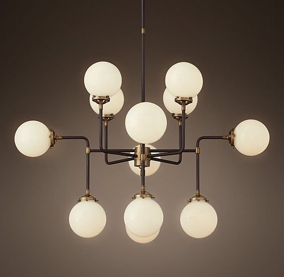 Люстра RH Bistro Globe Milk Glass 12-Light Chandelier Латунь Черный Белый в Казани | Loft Concept 