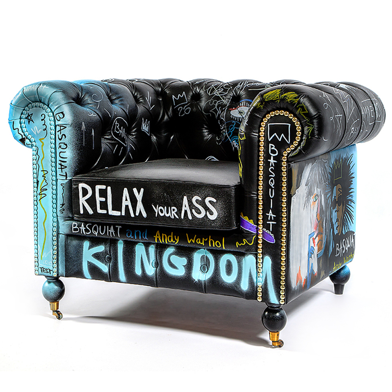 Кресло "Баския и Уорхол" Basquiat Warhol graffiti chair натуральная кожа Черный Мульти в Казани | Loft Concept 