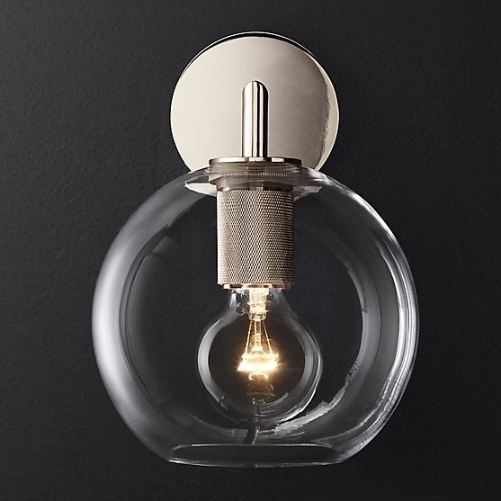 Бра RH Utilitaire Globe Shade Single Sconce Silver Прозрачное Стекло Никель в Казани | Loft Concept 