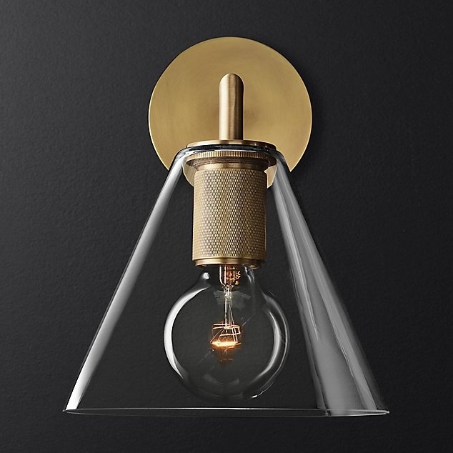 Бра RH Utilitaire Funnel Shade Single Sconce Brass Прозрачное Стекло Латунь в Казани | Loft Concept 