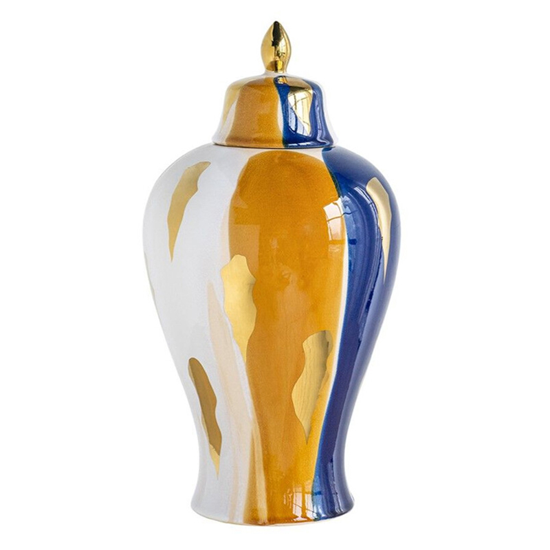 Ваза с крышкой и мазками синего и золого цвета на белом фоне Chinoiserie Ceramics Белый Оранжевый Золотой Синий Ваза с крышкой и мазками синего и золого цвета на белом фоне Chinoiserie Ceramics Белый Оранжевый Золотой Синий в Казани | Loft Concept