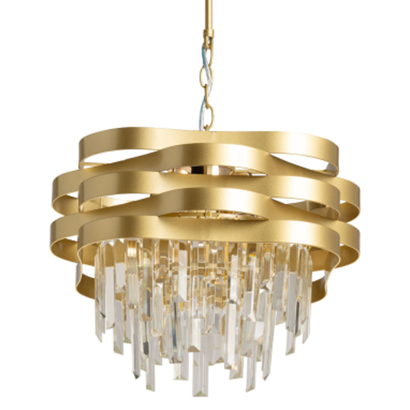 Люстра цвета матового золота с металлическими лентами и длинными прозрачными подвесками Gilded Waves Золотой Прозрачный в Казани | Loft Concept 