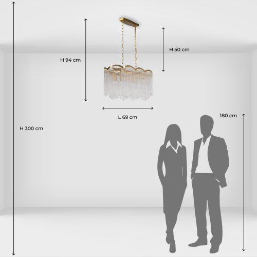 Люстра прямоугольная на цепях с прозрачными трубками и волнистым краем Nembus в Казани