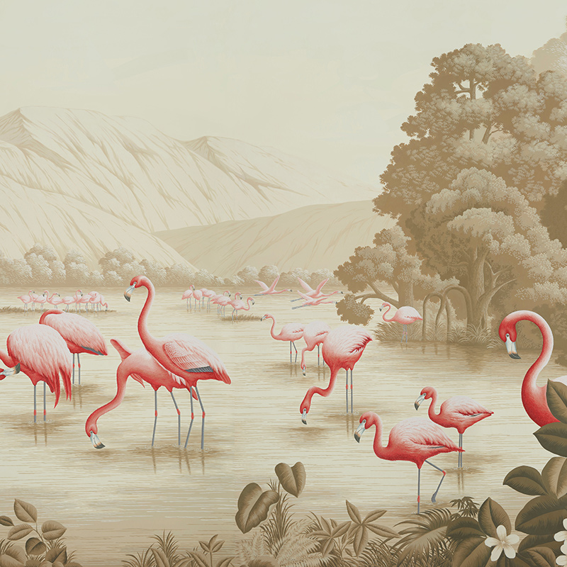 Обои ручная роспись Flamingos Flamingo on Sepia scenic paper  в Казани | Loft Concept 