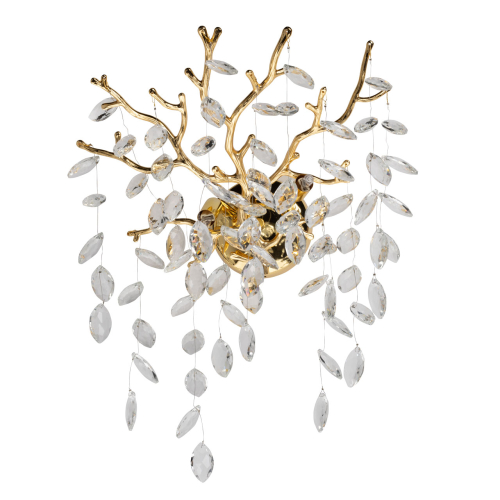 Бра золотого цвета с декоративными ветвями и прозрачными подвесками в форме листьев Droplet Chandelier Золотой Прозрачный в Казани | Loft Concept 