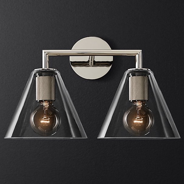 Бра RH Utilitaire Funnel Shade Double Sconce Silver Прозрачное Стекло Никель в Казани | Loft Concept 