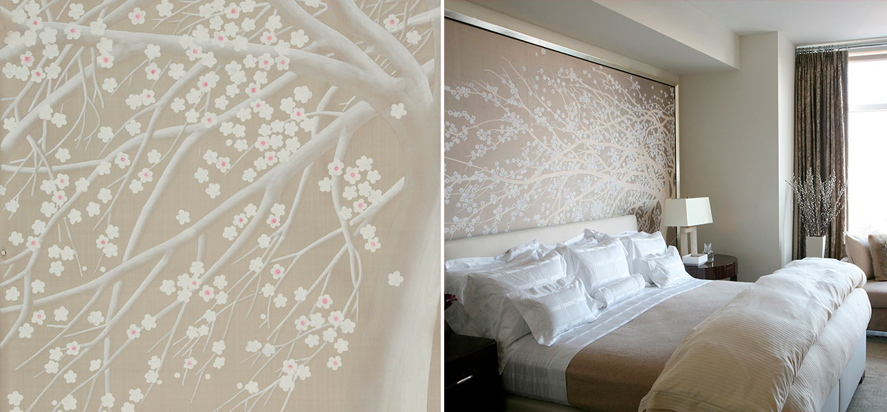 Обои ручная роспись Windswept Blossom Blossom on Lead Grey dyed silk - фото