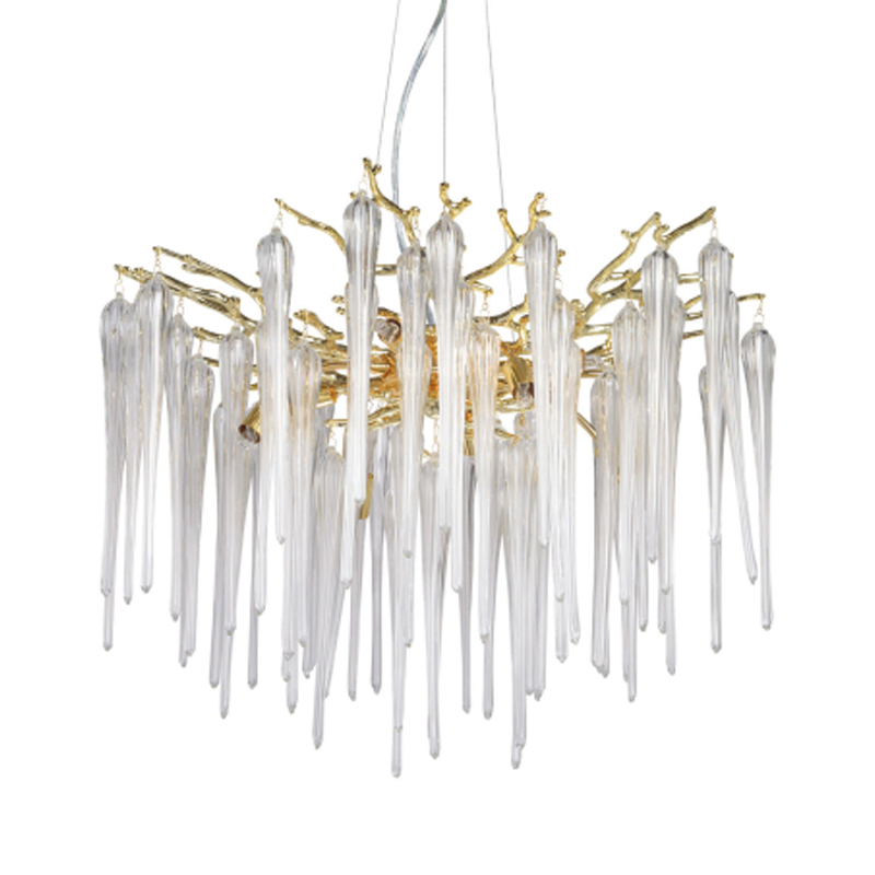 Люстра золотого цвета с декоративными ветками и длинными прозрачными стеклянными подвесами в форме сосулек Droplet Chandelier Золотой Прозрачный в Казани | Loft Concept 