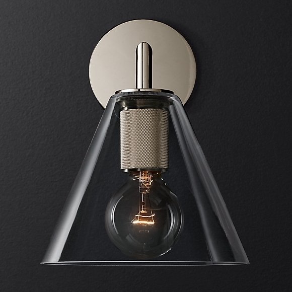 Бра RH Utilitaire Funnel Shade Single Sconce Silver Прозрачное Стекло Никель в Казани | Loft Concept 