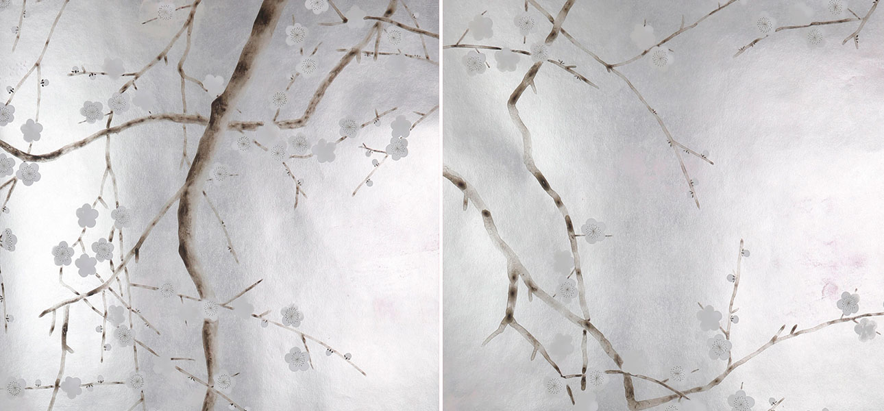 Обои ручная роспись Plum Blossom Colourway SC-229 on Sterling Silver gilded paper with pearlescent antiquing - фото