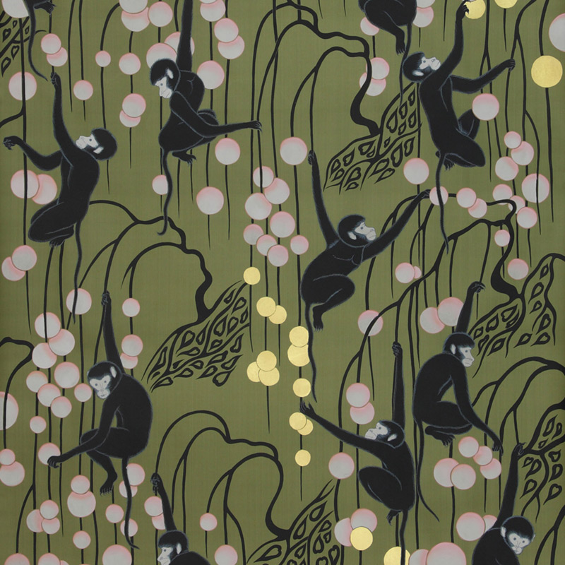 Обои ручная роспись Deco Monkeys Special Colourway on Olive dyed silk  в Казани | Loft Concept 