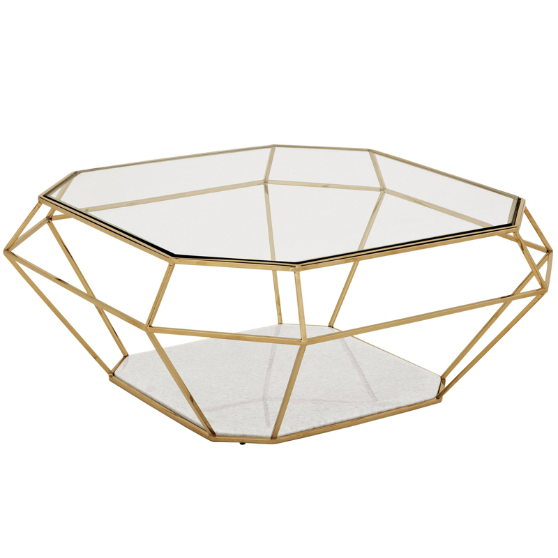 Кофейный стол Eichholtz Coffee Table Asscher Золотой Прозрачный Белый Мрамор Bianco в Казани | Loft Concept 