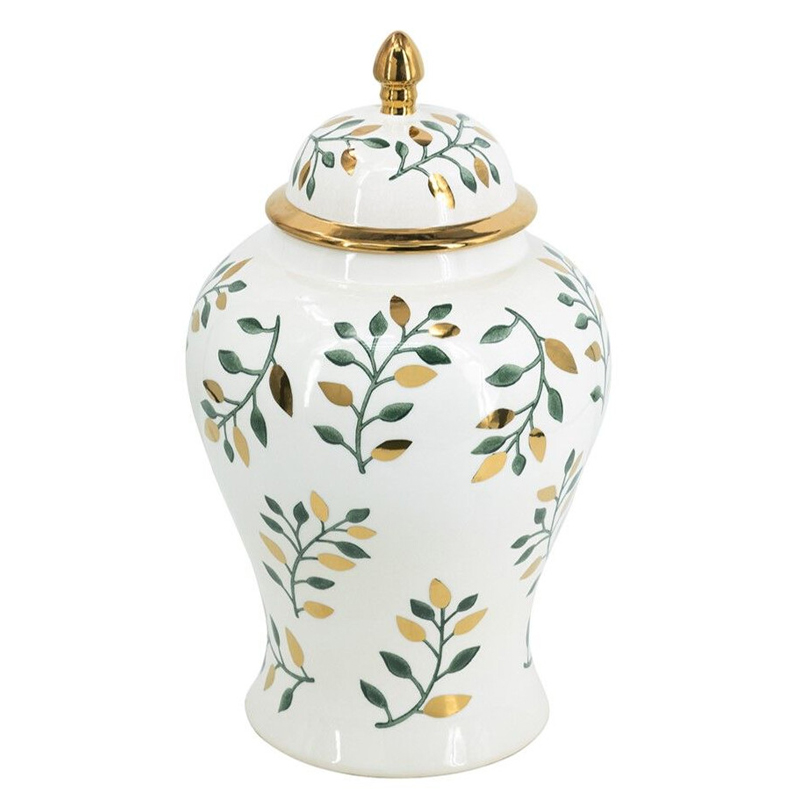 Ваза белая с крышкой с рисунком зеленых и золотых листьев 48 см Chinoiserie Ceramics Белый Зеленый Золотой Ваза белая с крышкой с рисунком зеленых и золотых листьев 48 см Chinoiserie Ceramics Белый Зеленый Золотой в Казани | Loft Concept