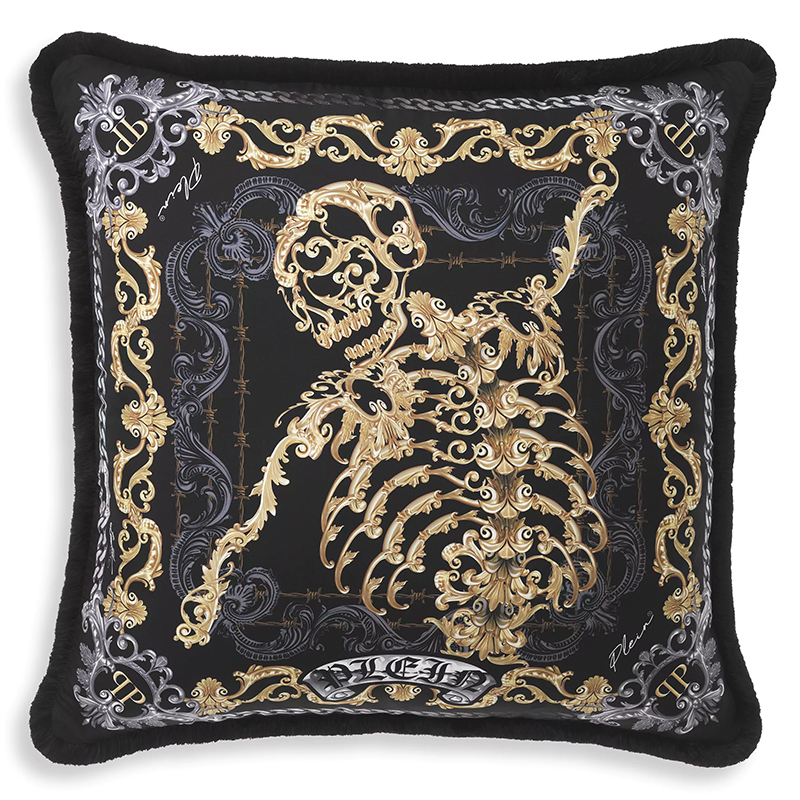 Подушка Philipp Plein Cushion Silk Skeleton 70 x 70 cm Черный Золотой Серый в Казани | Loft Concept 