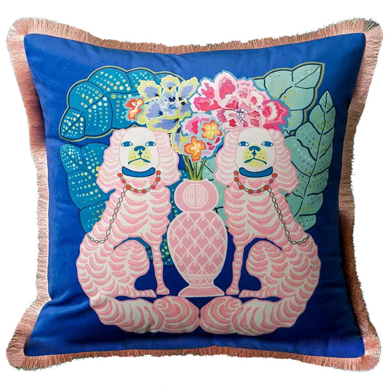 Декоративная подушка Two Pink Dogs on Blue Cushion Синий Розовый Мульти в Казани | Loft Concept 