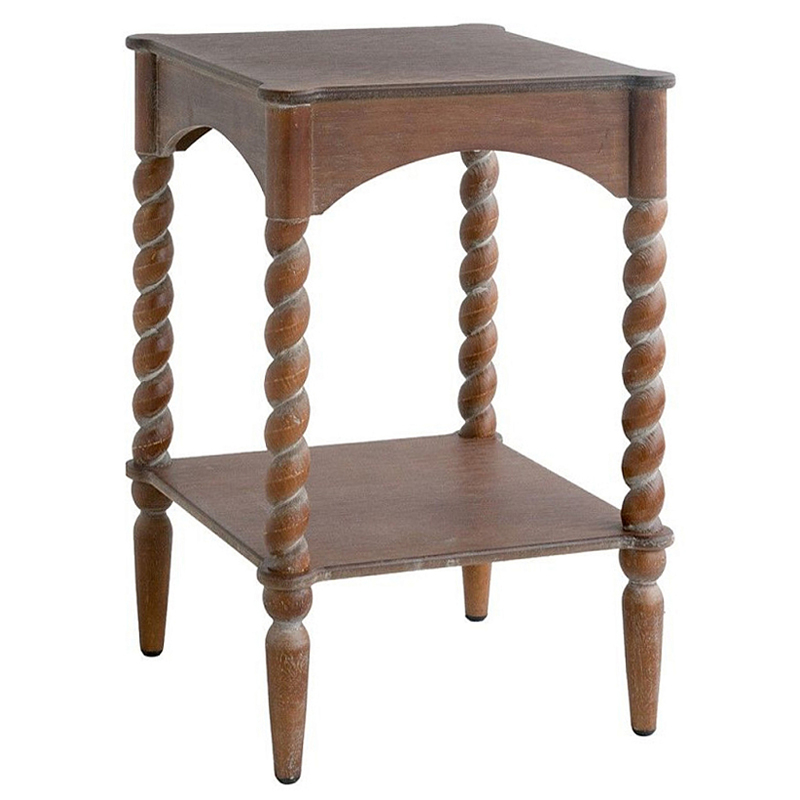 Приставной столик деревянный с резными ножками и нижней полкой Vintage Side Table Brown Wood Коричневый в Казани | Loft Concept 