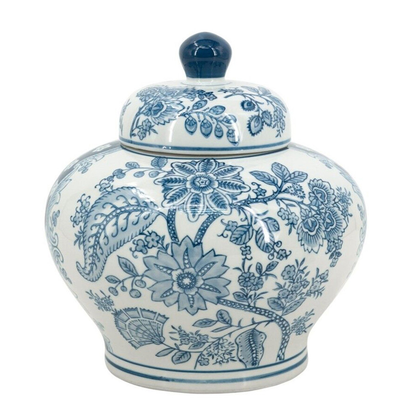 Ваза с крышкой и синим узором в виде цветов и листьев Blue & White Ornament Белый Синий Ваза с крышкой и синим узором в виде цветов и листьев Blue & White Ornament Белый Синий в Казани | Loft Concept