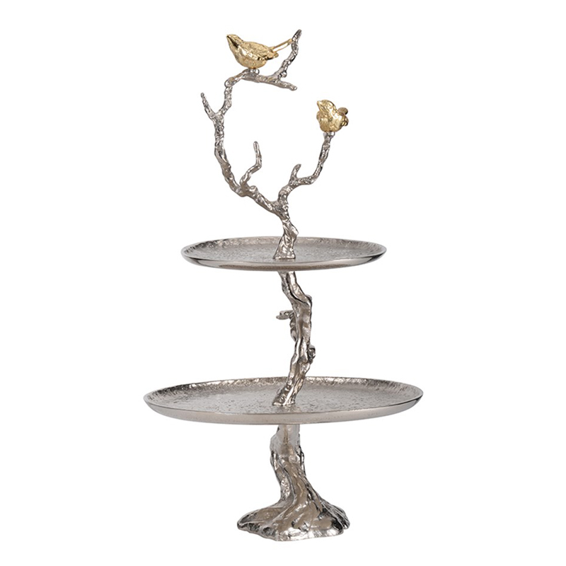 Блюдо двухъярусное Birds on Branches silver Сатиновое Серебро  Золотой в Казани | Loft Concept 