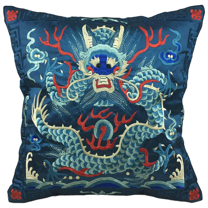 Декоративная подушка с вышивкой Chinese Dragon Blue Мульти Синий в Казани | Loft Concept 