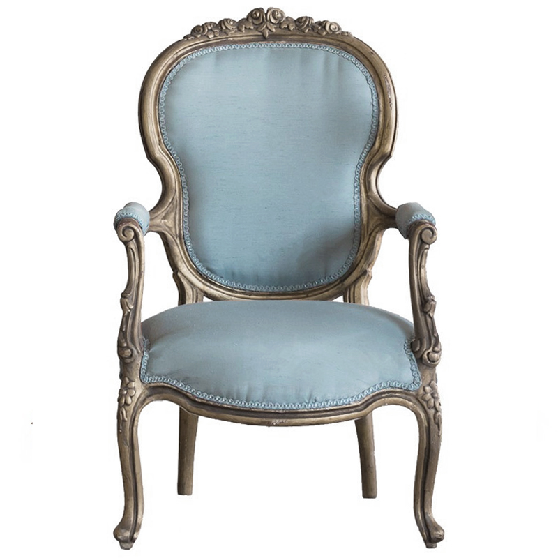 Кресло Arm Carved Chair  blue linen Голубой пастельный Темный дуб в Казани | Loft Concept 