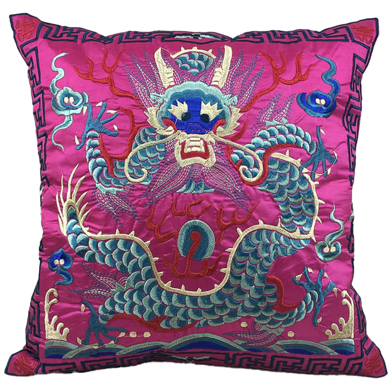 Декоративная подушка с вышивкой Chinese Dragon Pink Розовый Мульти в Казани | Loft Concept 