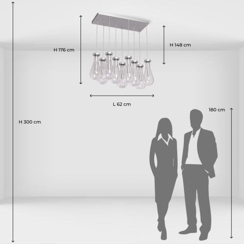 Люстра с 9-ю прозрачными плафонами из стекла в форме капли на прямоугольном потолочном основании цвета хром Lucid Rain  в Казани