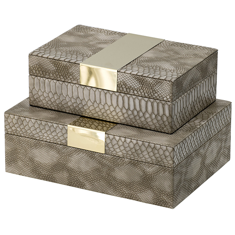 Комплект шкатулок Imitation Snakeskin Boxes Бежево-серый Глянцевое золото Комплект шкатулок Imitation Snakeskin Boxes Бежево-серый Глянцевое золото в Казани | Loft Concept