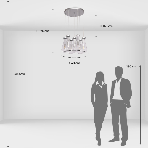 Люстра с 7-ю прозрачными плафонами из стекла в форме капли на круглом потолочном основании цвета хром Lucid Rain  в Казани