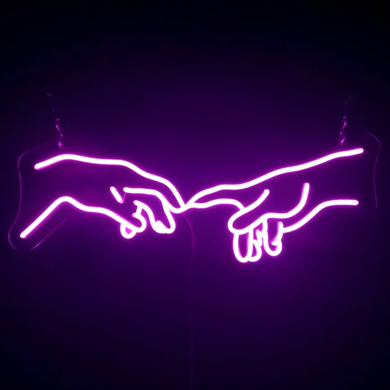 Неоновая настенная лампа Creation of Adam Hands Neon Wall Lamp Фиолетовый в Казани | Loft Concept 