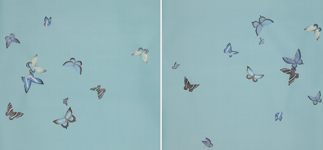 Обои ручная роспись Butterflies Special Colourway on Duck Egg dyed silk - фото