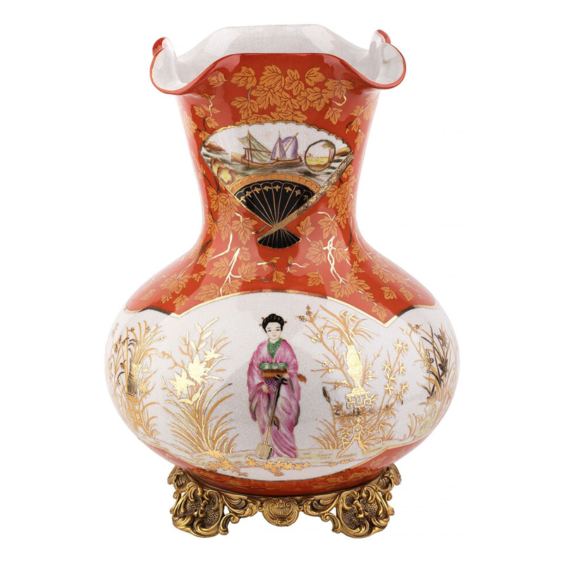 Ваза красного цвета с рисунком Chinoiserie Ceramics Белый Красный Бронза Ваза красного цвета с рисунком Chinoiserie Ceramics Белый Красный Бронза в Казани | Loft Concept