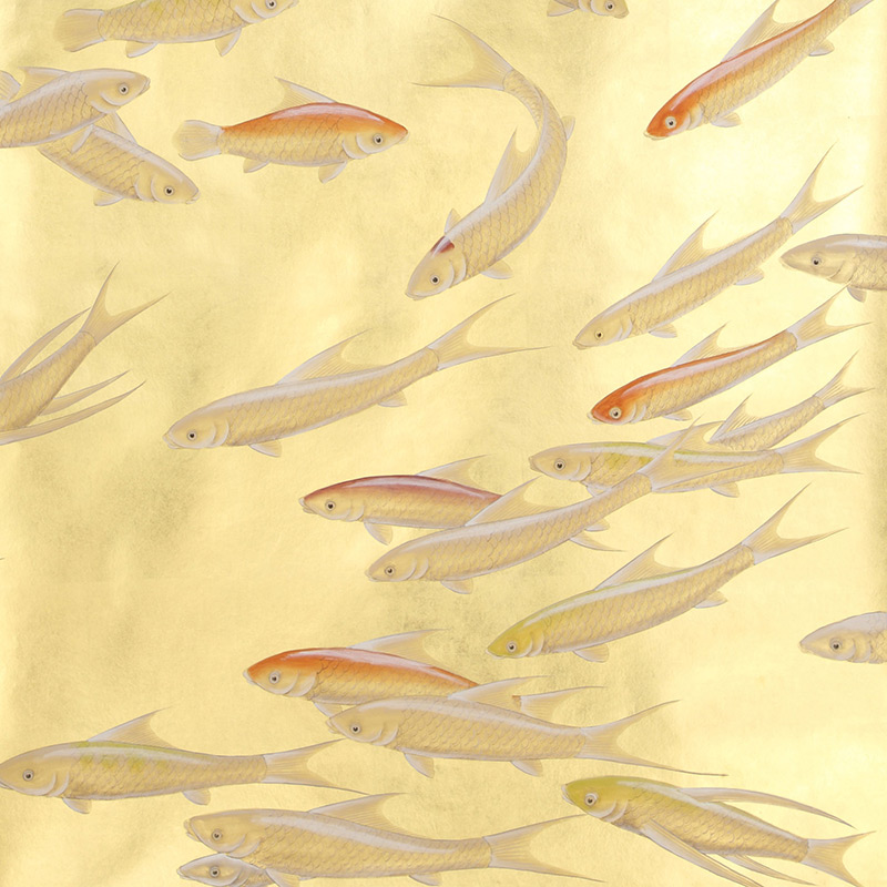 Обои ручная роспись Fishes Koi on Deep Rich Gold gilded paper  в Казани | Loft Concept 