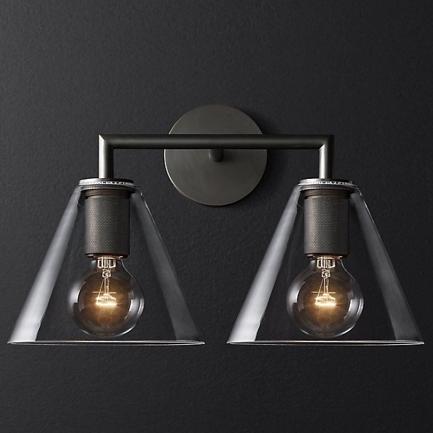 Бра RH Utilitaire Funnel Shade Double Sconce Black Прозрачное Стекло Темная бронза в Казани | Loft Concept 