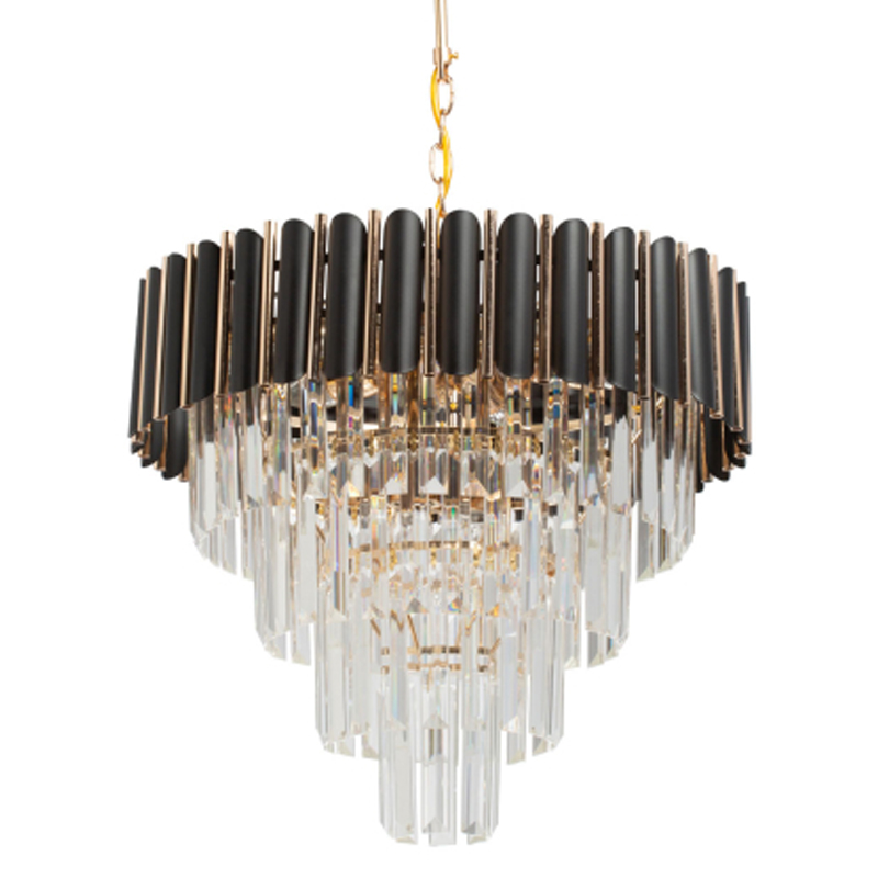 Люстра из черного металла с многоярусными подвесками из прозрачного хрусталя на золотой цепи Empire Black Chandelier Crystal Золотой Прозрачный Черный в Казани | Loft Concept 