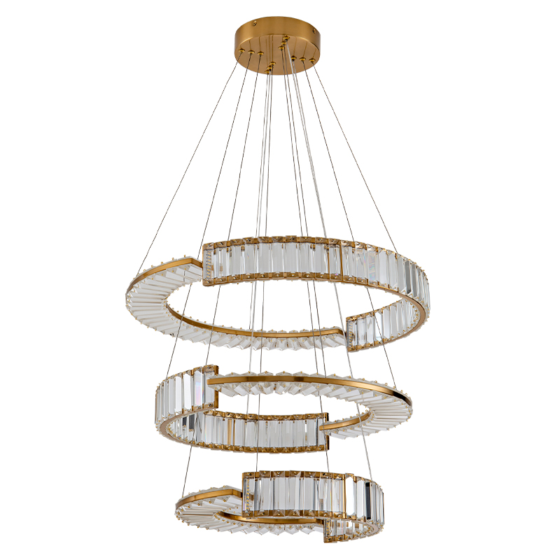 Светодиодная трехъярусная кольцевая люстра из хрусталя и стали с пультом для регулировки света Maude Crystal Light Латунь Прозрачный в Казани | Loft Concept 