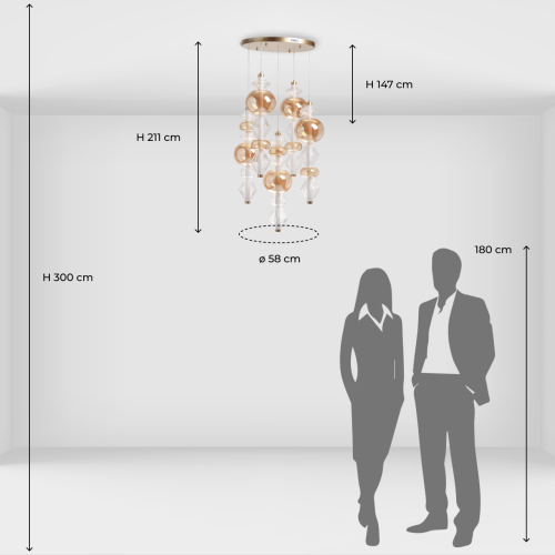 Люстра с плафонами из прозрачного и янтарного стекла в виде шаров и ромбов Gabriel Scott Luna в Казани