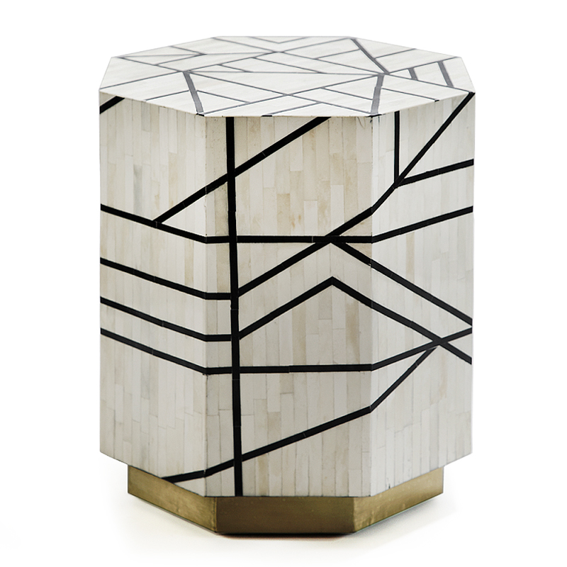 Приставной столик с инкрустацией Black and White Geometry bone bedside table ivory ( слоновая кость ) Черный в Казани | Loft Concept 