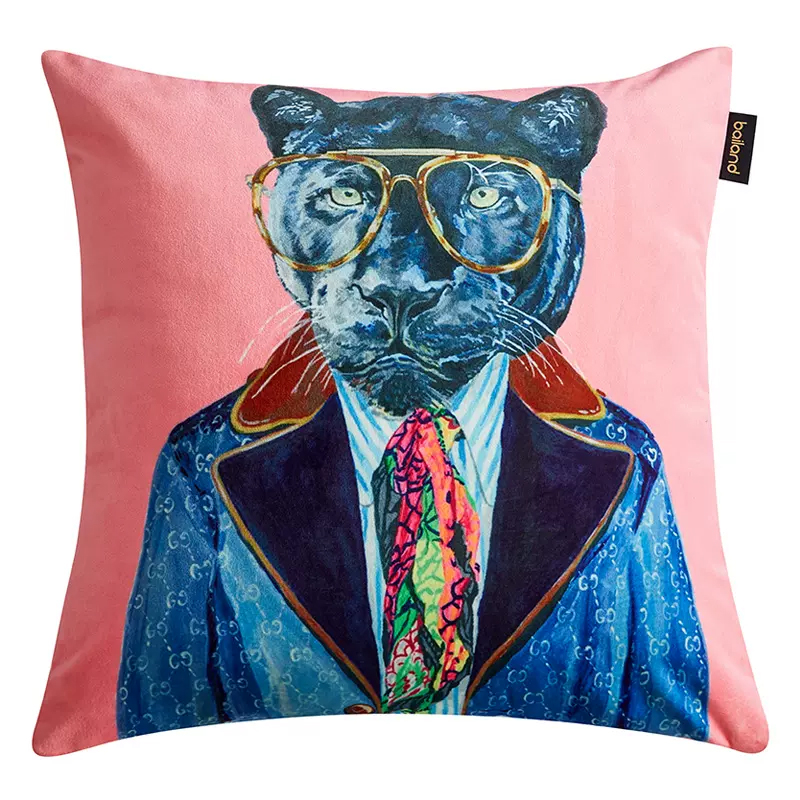 Декоративная подушка Стиль Gucci Panther Fashion Animals Cushion Pink Розовый Синий Мульти в Казани | Loft Concept 