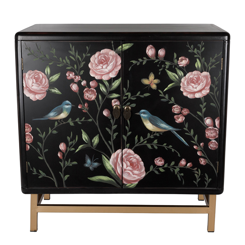 Комод с росписью птицы и цветы Black Chest Of Drawers Peonies Черный Черный Золотой Мульти в Казани | Loft Concept 