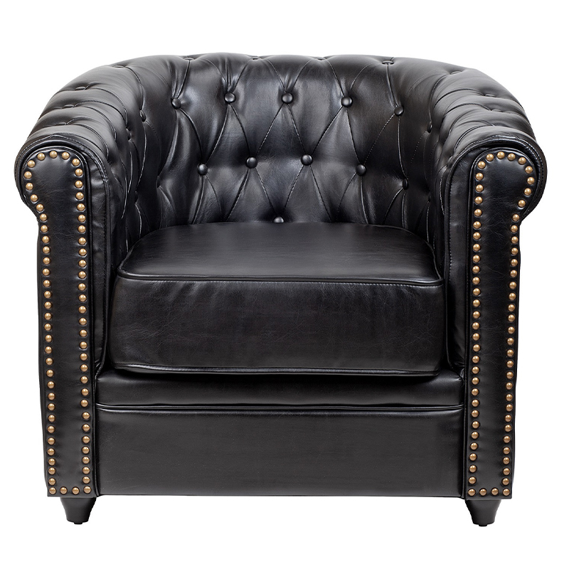 Кресло кожаное с мягкими подлокотниками на 4-х деревянных ножках Logan Leather Armchair black Черный в Казани | Loft Concept 