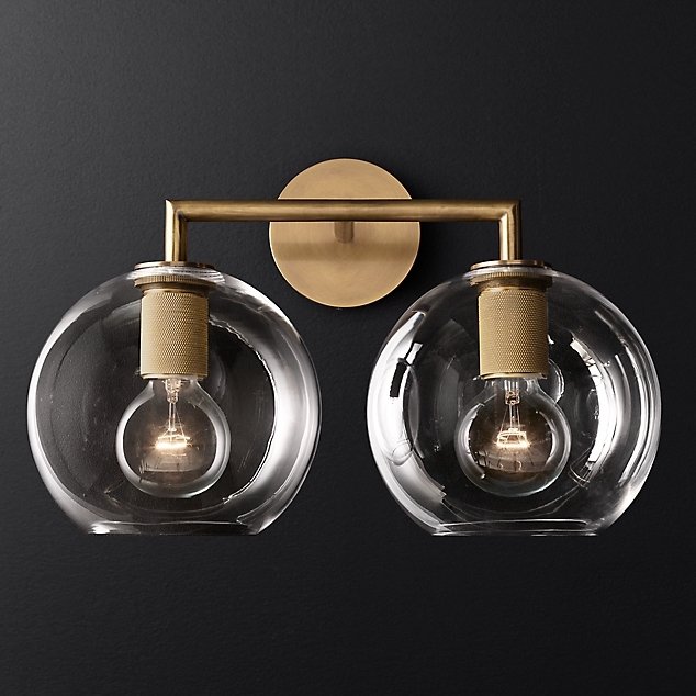 Бра RH Utilitaire Globe Shade Double Sconce Brass Прозрачное Стекло Латунь в Казани | Loft Concept 