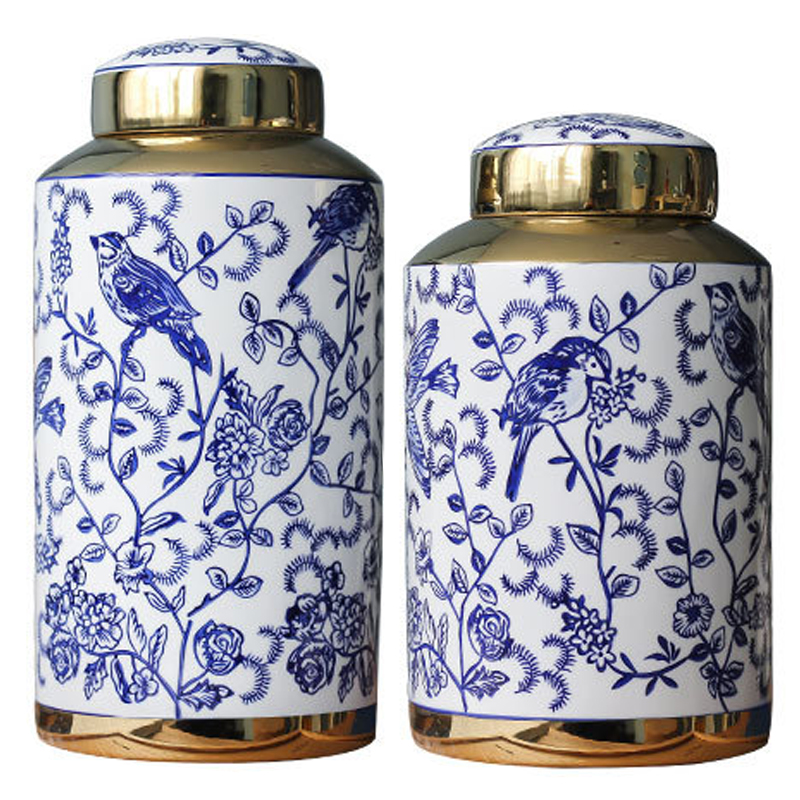 Вазы Ceramic Oriental Blue Ornament Birds Vases Синий Белый Золотой в Казани | Loft Concept 