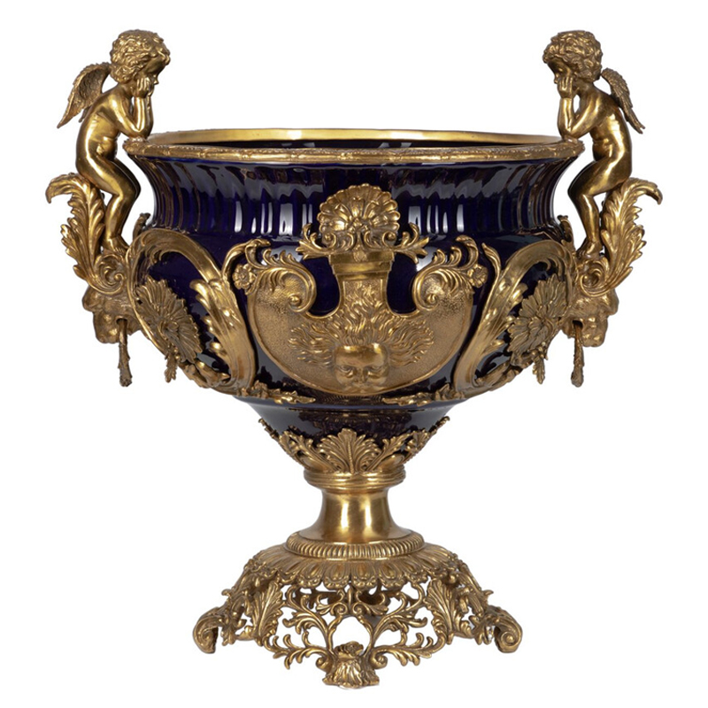Чаша темно-синего цвета с фигурками ангелов и рельефным декором Eden Garden porcelain and bronze Темно-синий Бронза Чаша темно-синего цвета с фигурками ангелов и рельефным декором Eden Garden porcelain and bronze Темно-синий Бронза в Казани | Loft Concept