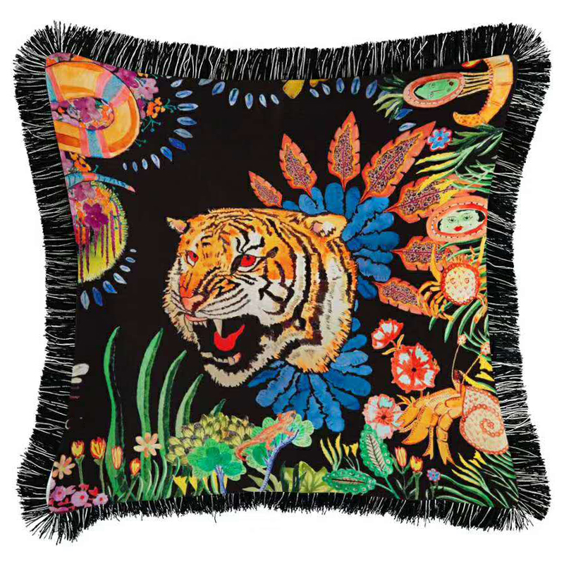 Декоративная подушка Cтиль Gucci Flower Tiger Черный Мульти в Казани | Loft Concept 