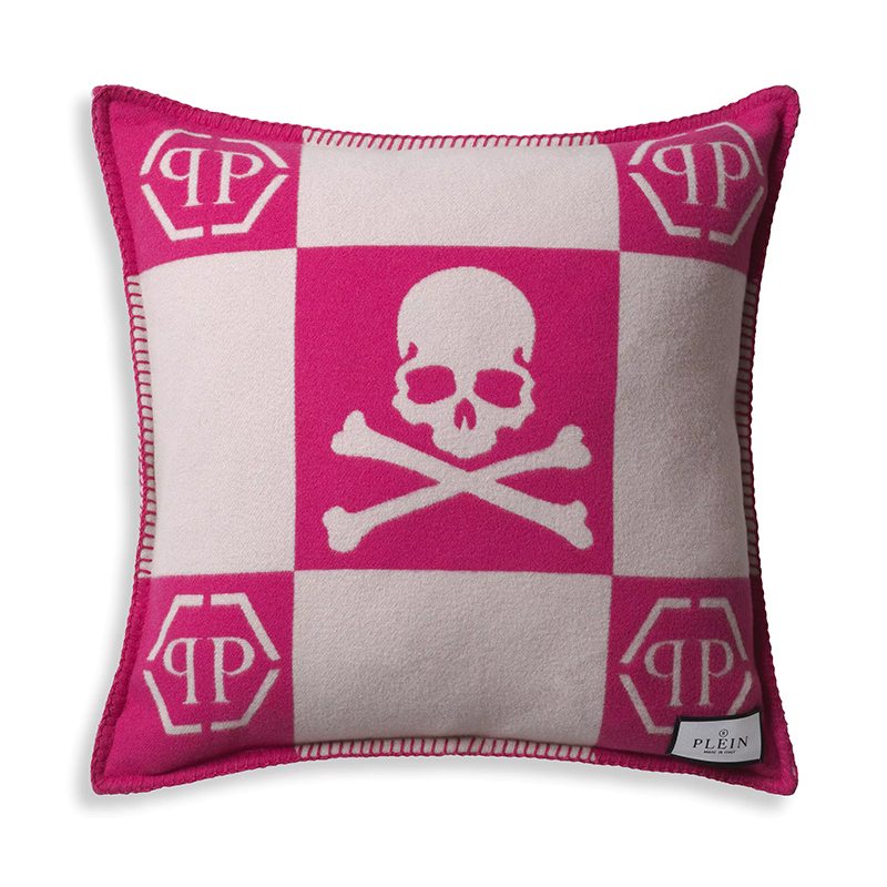 Подушка Philipp Plein Cushion Cashmere Skull 45 x 45 Pink Розовый Белый в Казани | Loft Concept 