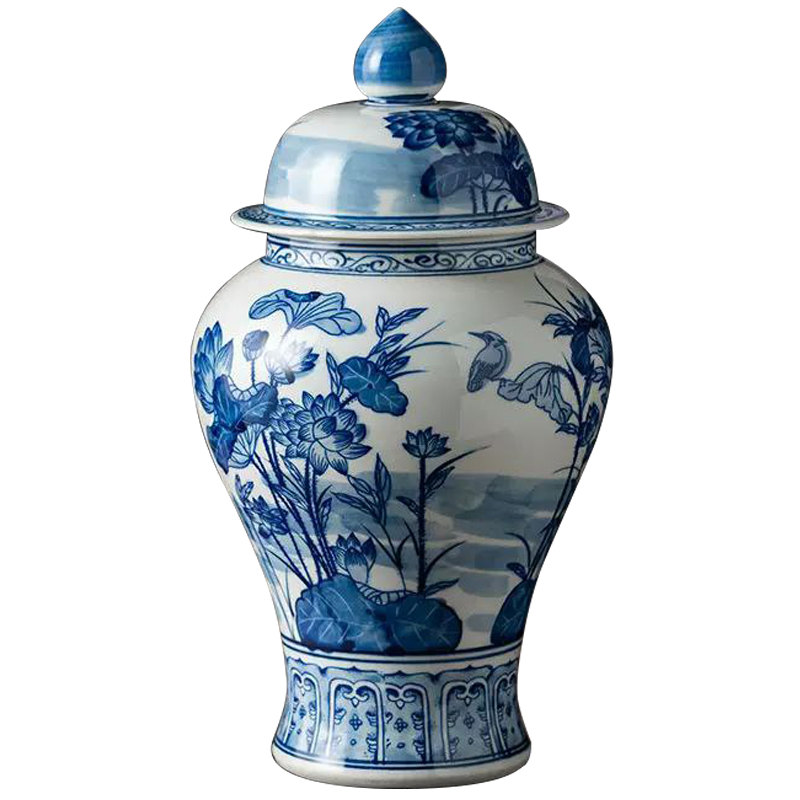 Ваза с крышкой Ceramic Blue Flowers and Bird Vase Белый Синий в Казани | Loft Concept 