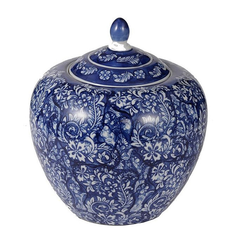 Ваза округлой формы с синей росписью и цветочным узором Blue & White Ornament Белый Синий Ваза округлой формы с синей росписью и цветочным узором Blue & White Ornament Белый Синий в Казани | Loft Concept