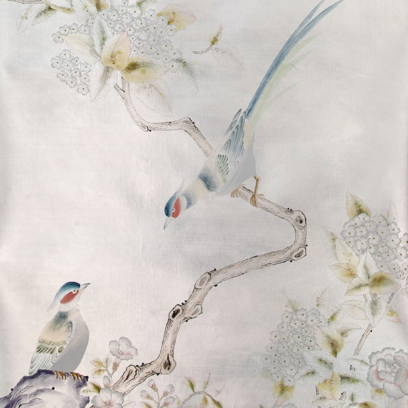 Обои ручная роспись Japanese Garden Special Colourway on Ocean Silver gilded silk  в Казани | Loft Concept 